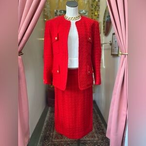 Vintage Chanel Boutique Red Herringbone Wool Suit Jacket and Skirt Set / Size 40